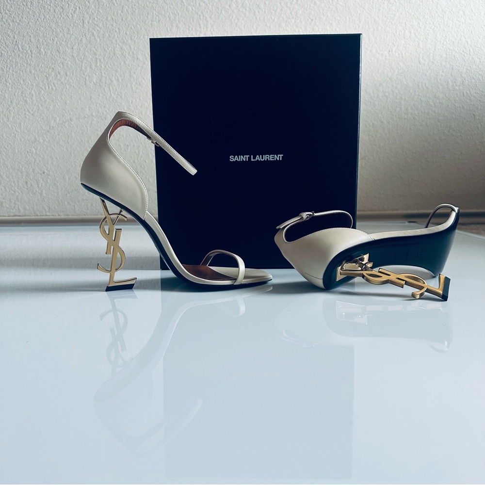 Saint Laurent Cream Heels with Gold Logo - Picture 2 of 11